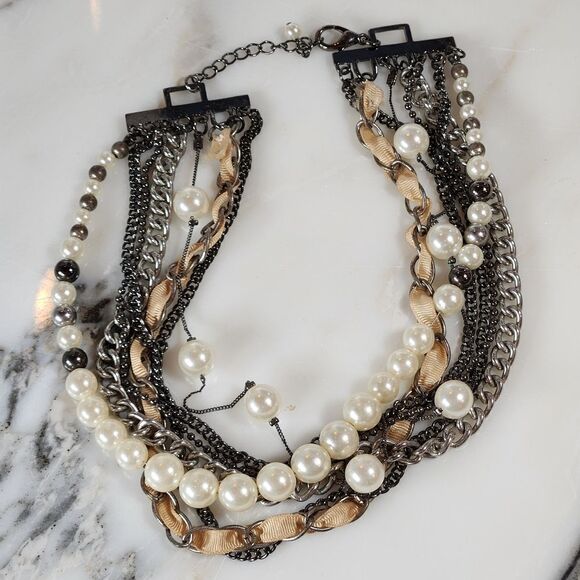 Multistrand Pearls, Ribbon & Metal Statement Necklace - Picture 1 of 7
